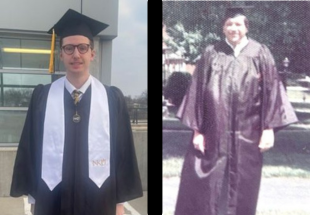 Side by side photos of Dave Smith and his grandson wearing the same graduation robe