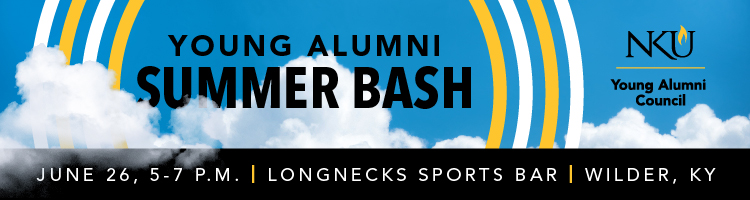 Young Alumni Summer Bash banner with text "June 26. 5-7 p.m."