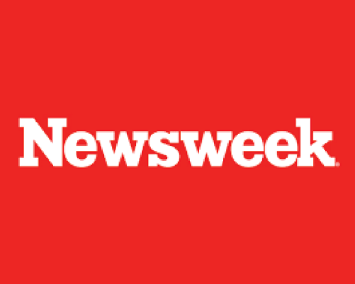 "Newsweek" in white on a red background.