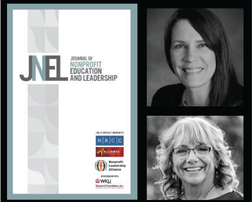 Journal of Nonprofit Education and Leadership next to pictures of Megan Downing and Julie Olberding.